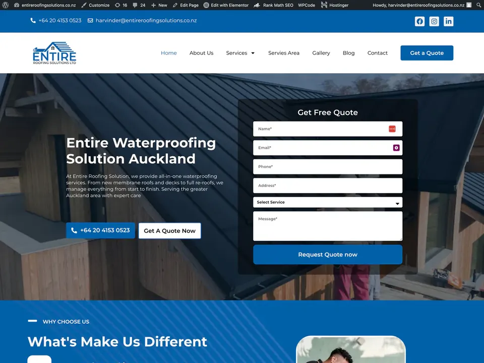 Entire Roofing Solutions roofing website, before redesign, desktop view
