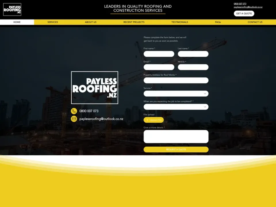 Payless Roofing roofing website, before redesign, desktop view