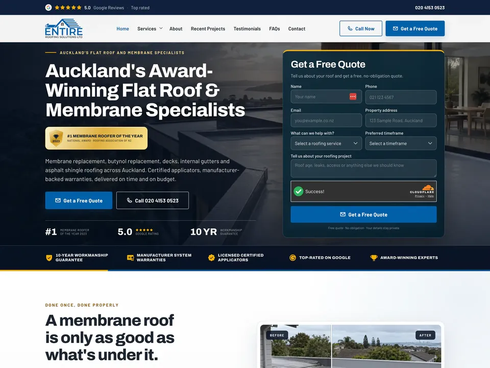 Entire Roofing Solutions roofing website, after redesign, desktop view