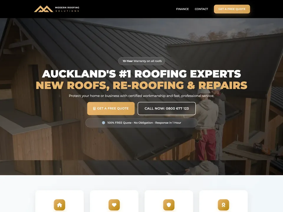 Modern Roofing roofing website, after redesign, desktop view