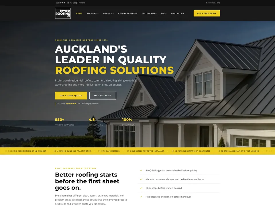 Payless Roofing roofing website, after redesign, desktop view
