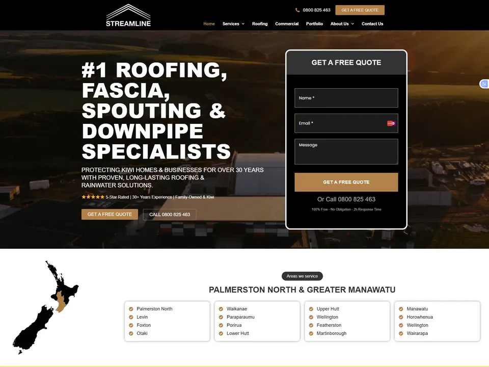 Streamline Roofing roofing website, after redesign, desktop view
